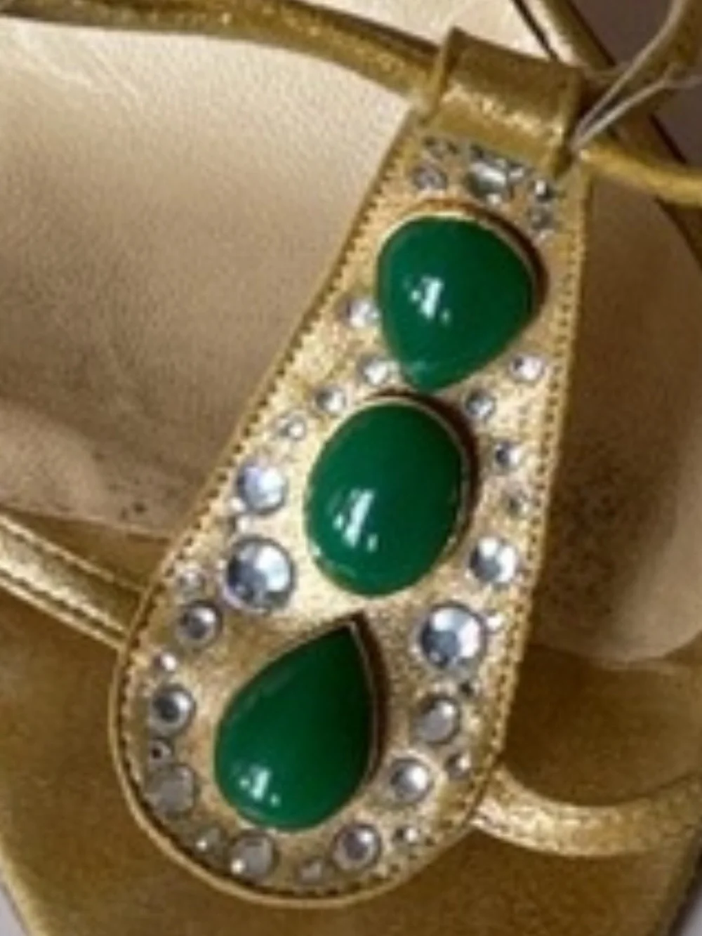 JIMMY CHOO Metallic Gold Strappy Stiletto Sandals with Green accents. Size 8.5